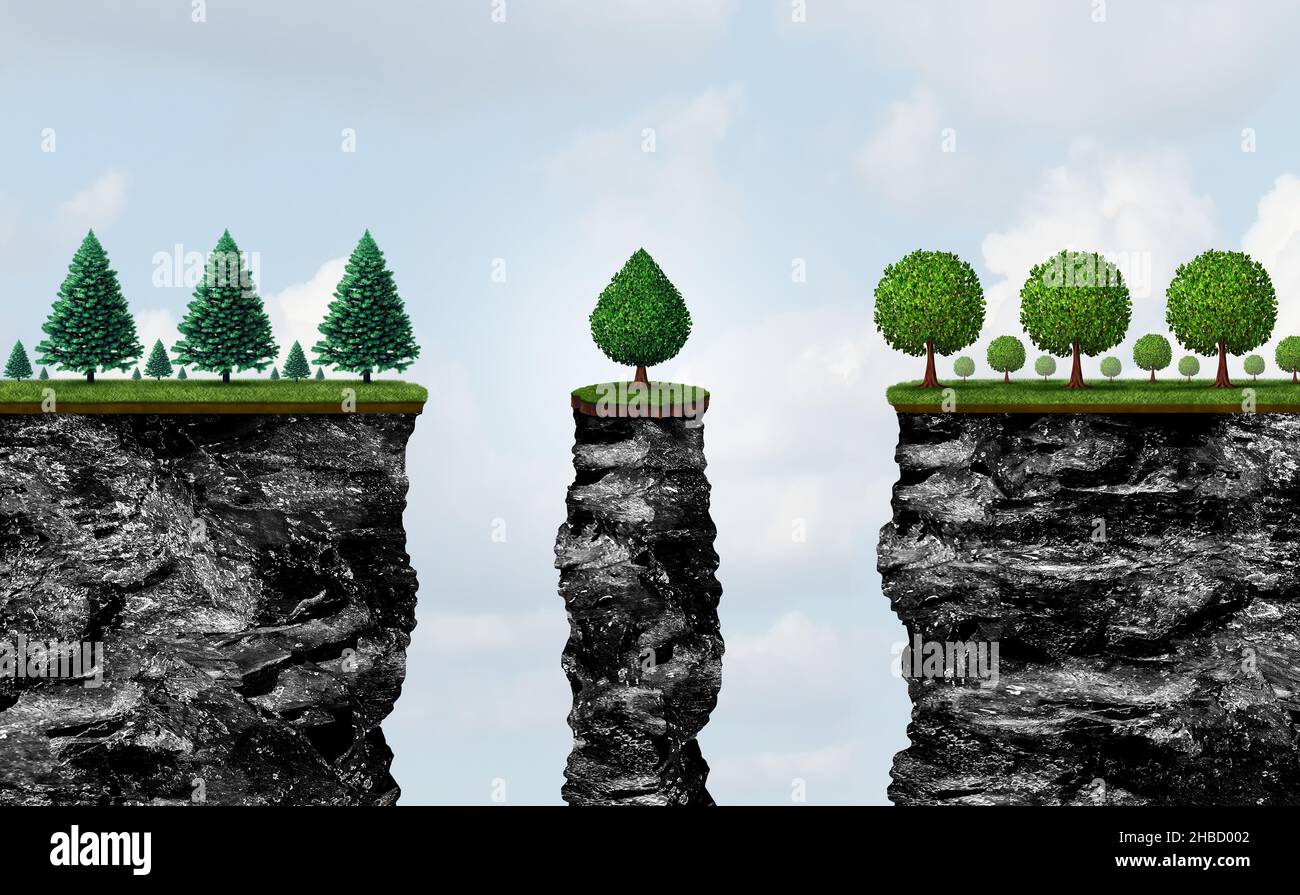 L'impollinazione incrociata tra imprese e l'innovazione aziendale come due tipi diversi di alberi che condividono le risorse per creare un nuovo albero come simbolo finanziario. Foto Stock