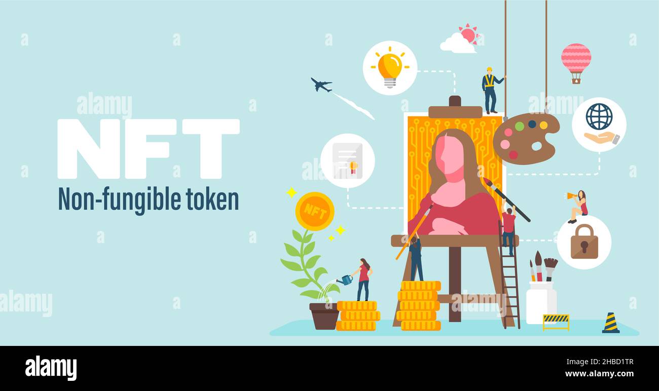 Illustrazione del banner web del concetto NFT ( token non-fungibile ) Illustrazione Vettoriale