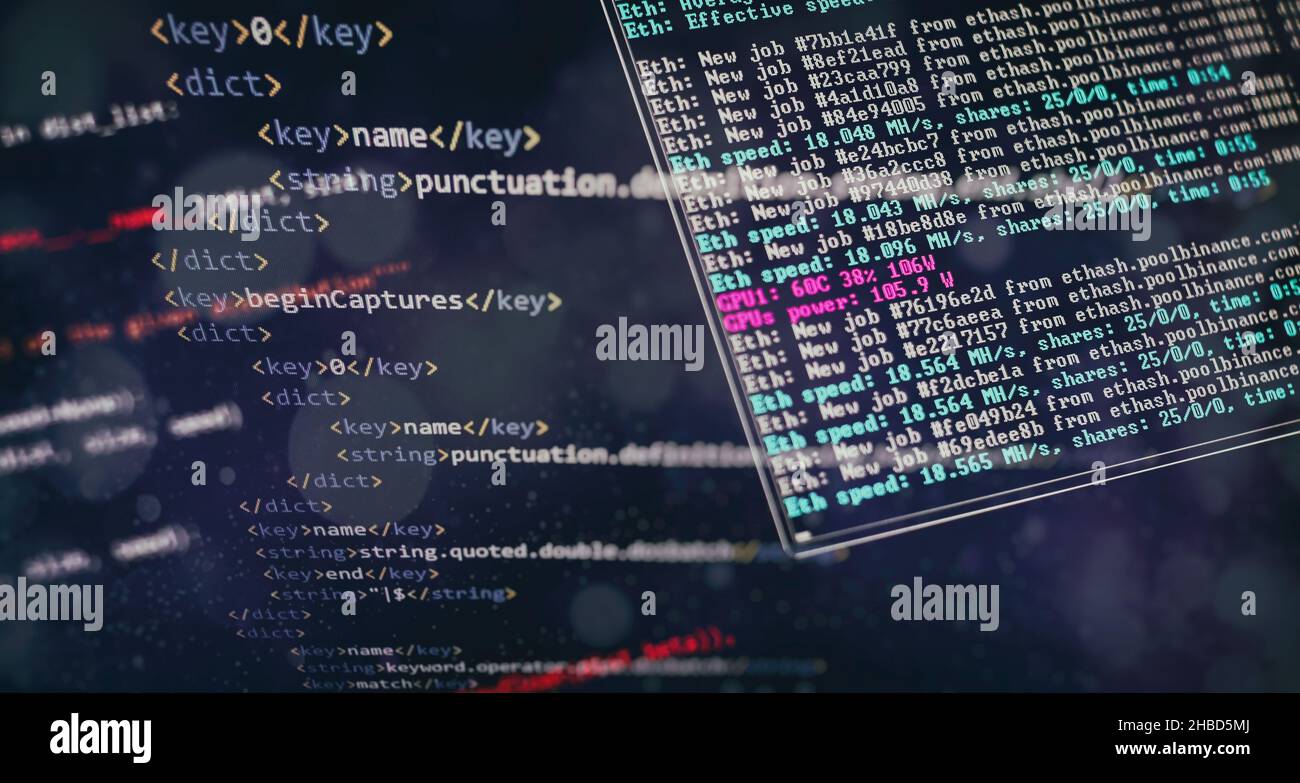 Programmazione del codice sorgente HTML per lo sviluppo di siti Web. I log del server di analisi. Foto Stock