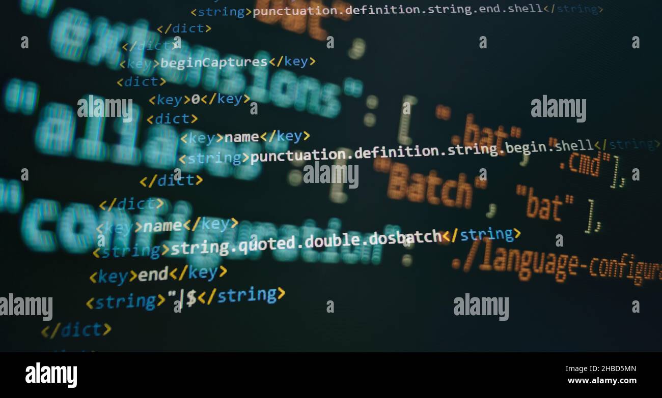 Programmazione del codice sorgente HTML per lo sviluppo di siti Web. I log del server di analisi. Foto Stock
