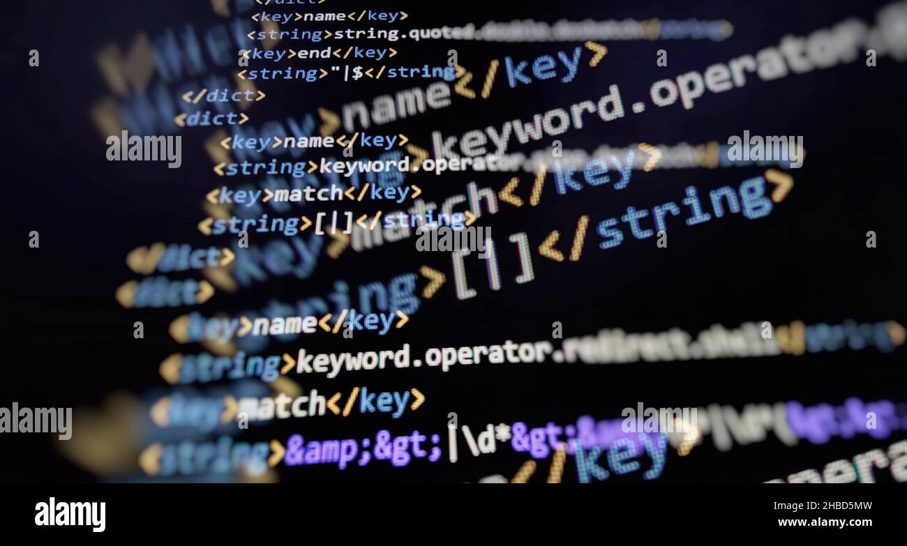 Programmazione del codice sorgente HTML per lo sviluppo di siti Web. I log del server di analisi. Foto Stock