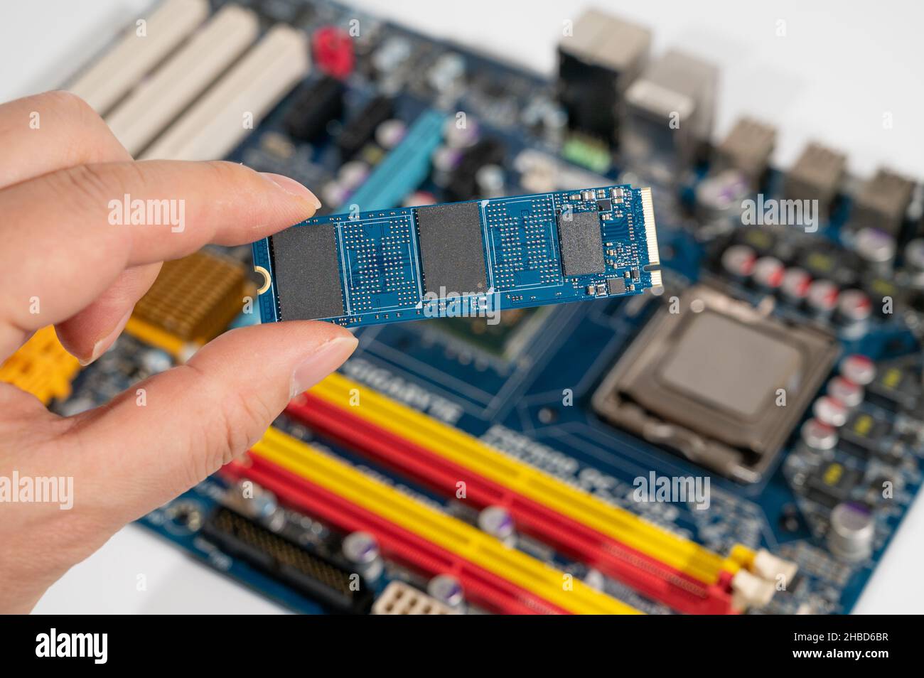 La mano che tiene la scheda madre del computer e l'unità SSD (Solid state Drive) M.2. Foto Stock