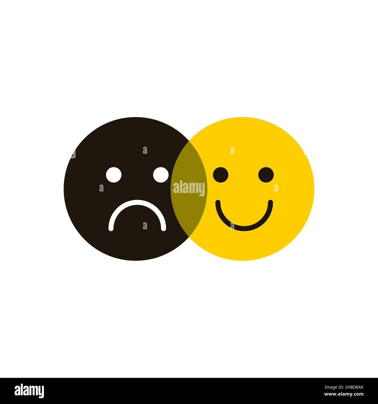 Volti tristi e felici. Logo disturbo bipolare. Segno di psicologia. Emozioni positive e negative. Persone felici e infelici. Illustrazione vettoriale Illustrazione Vettoriale