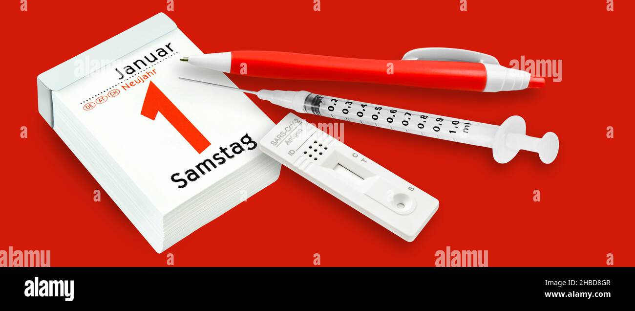 Calendario tedesco 2022 gennaio 1 Sabato nuovo anno con vaccinazione e test rapido antigene Foto Stock
