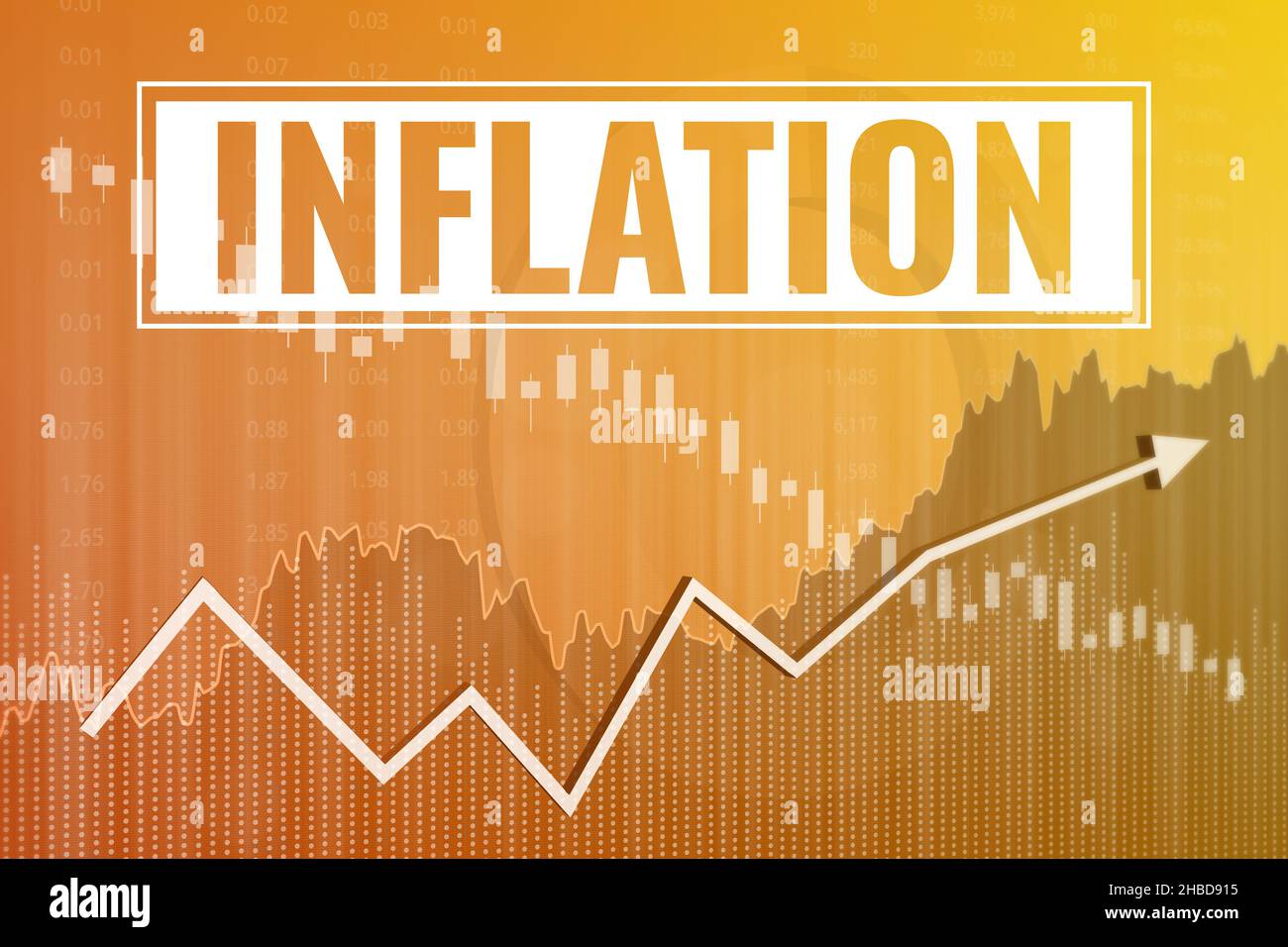 Grafico di inflazione su sfondo finanziario giallo da grafici, grafici, colonne, pilastri, freccia, candele, bar. Trend su e giù. Rendering 3D. Marchio finanziario Foto Stock