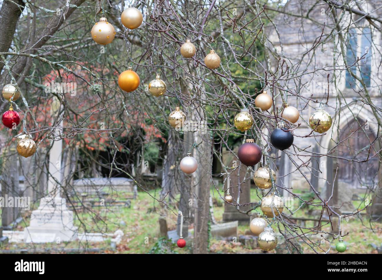 Baubles di Natale nel vecchio cimitero di Southampton Foto Stock
