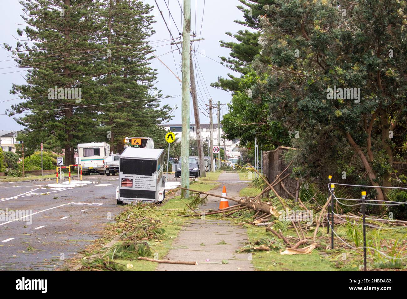 Narrabeen, Sydney, Australia. 19th Dic 2021. La tempesta freak ha abbattuto alberi e linee elettriche sulle spiagge settentrionali di Sydney, una signora è morta e altre sono critiche, servizi di emergenza assistiti e personale di abbigliamento semplice sulla scena dell'albero caduto che ha ucciso una signora vicino Narrabeen Surf Club. Credit: martin berry/Alamy Live News Foto Stock