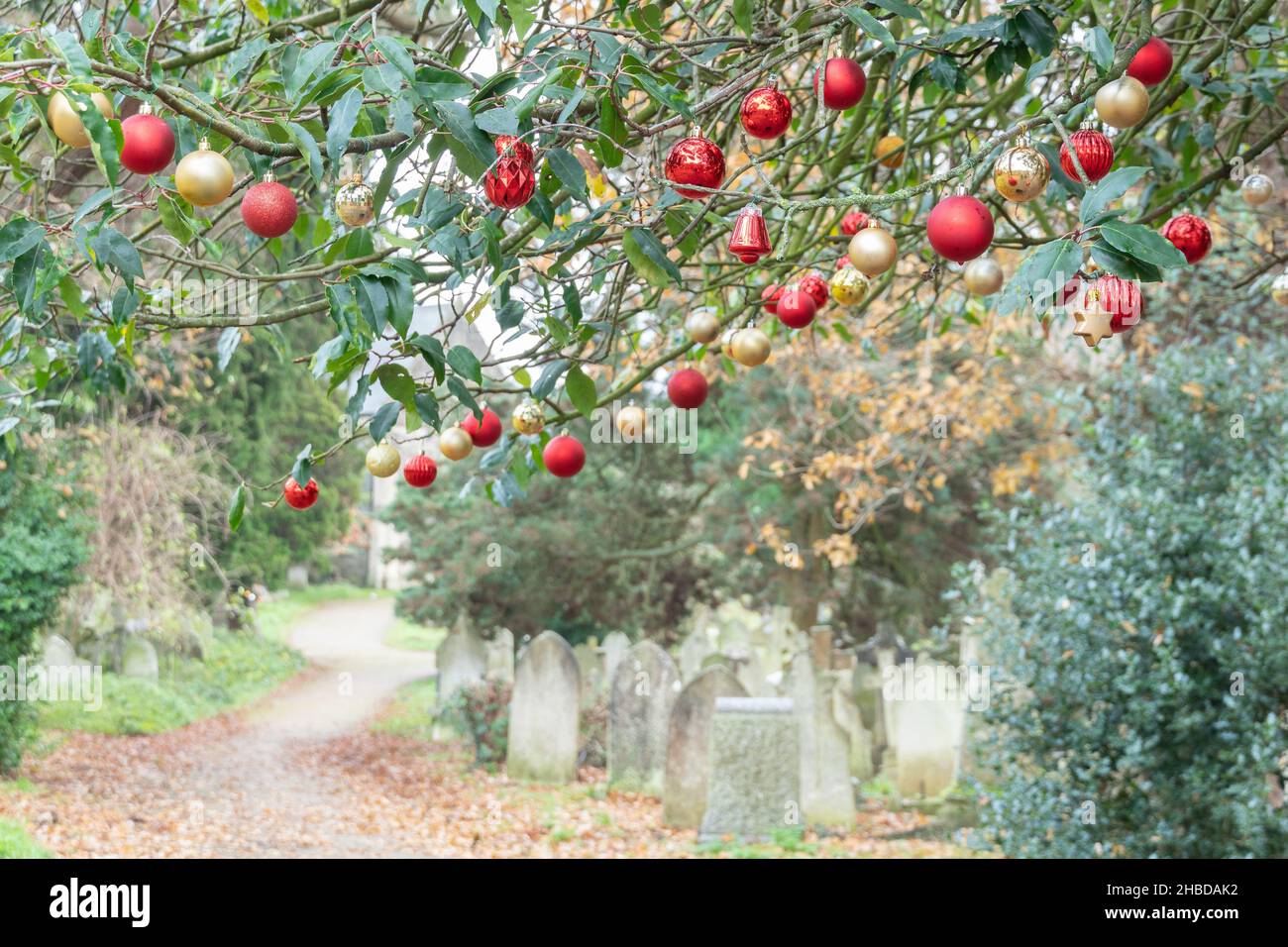 Baubles di Natale nel vecchio cimitero di Southampton Foto Stock