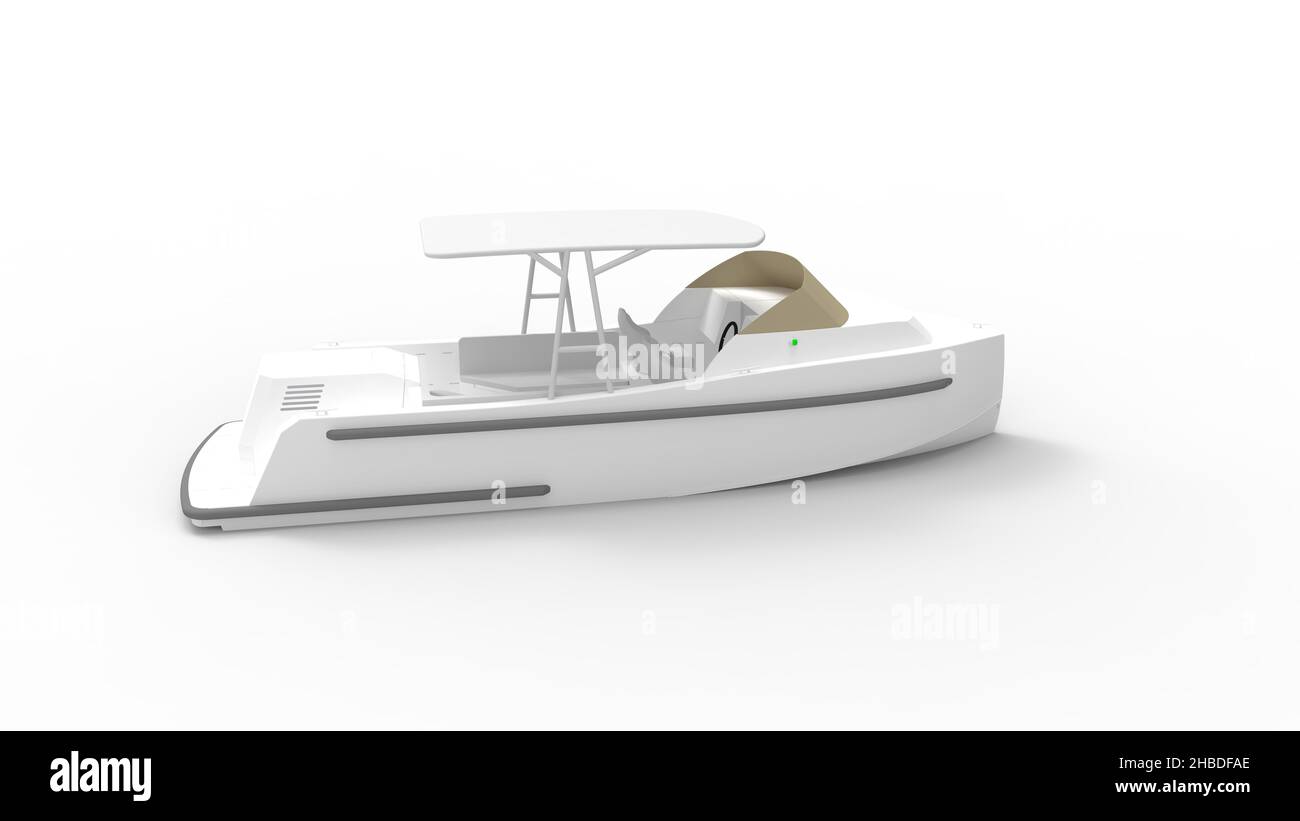 3D rendering di un piccolo yacht a motore per il tempo libero isolato in uno sfondo bianco studio Foto Stock