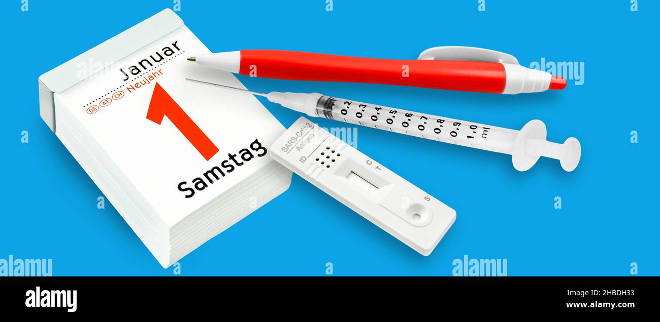 Calendario tedesco 2022 gennaio 1 Sabato nuovo anno con vaccinazione e test rapido antigene Foto Stock