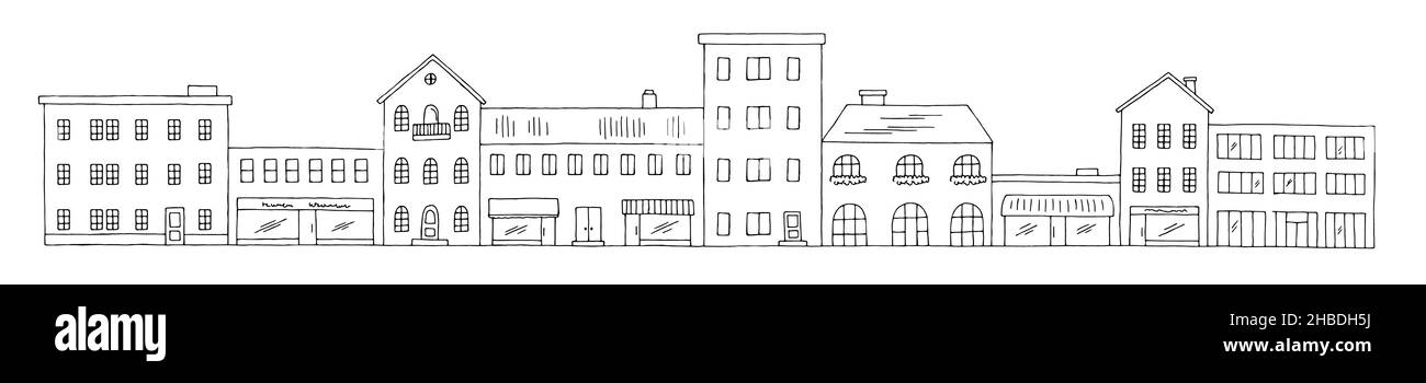 Città strada grafica bianco nero lungo città edificio paesaggio schizzo illustrazione vettore Illustrazione Vettoriale