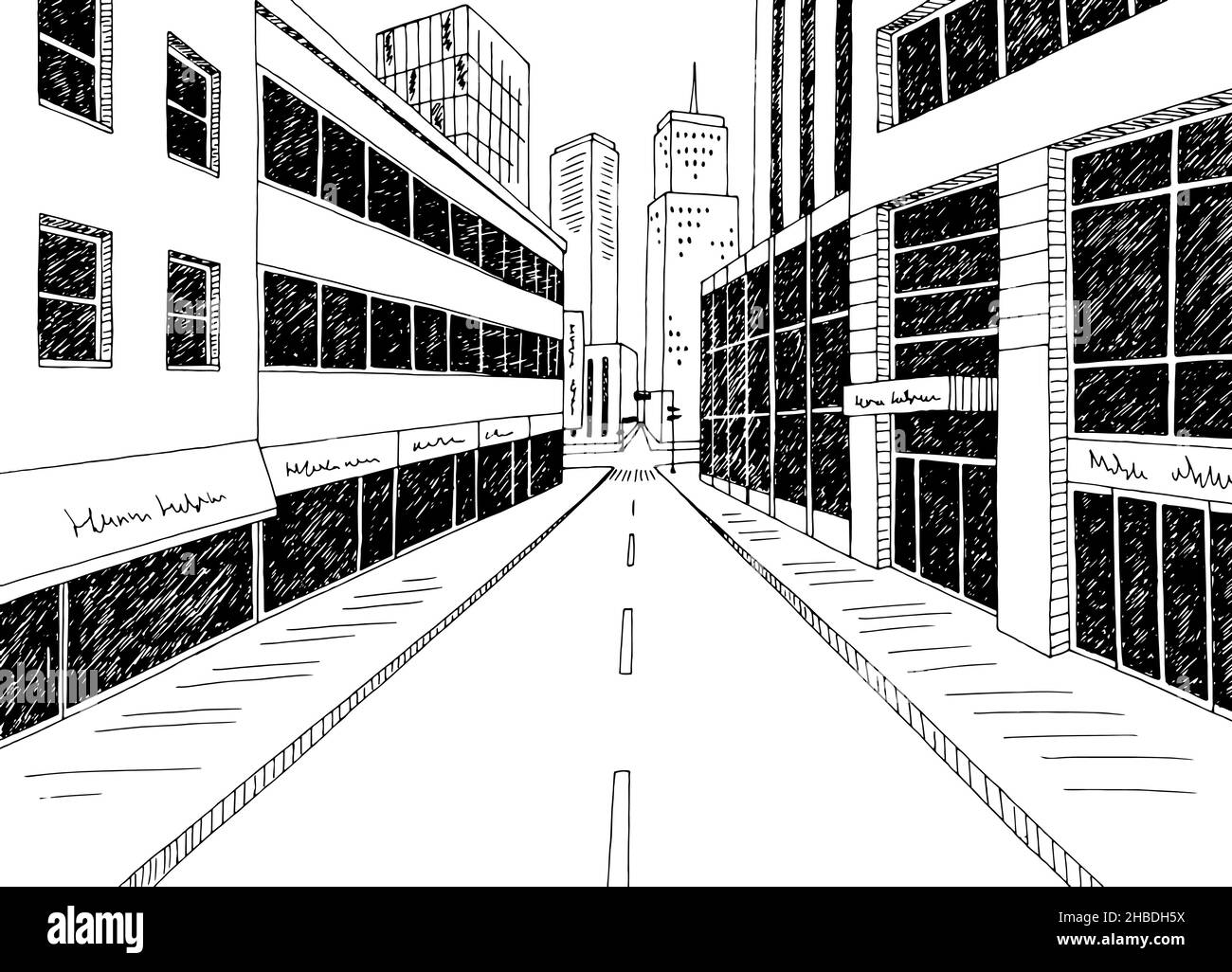 Città strada grafica nero bianco disegno città disegno vettore illustrazione Illustrazione Vettoriale