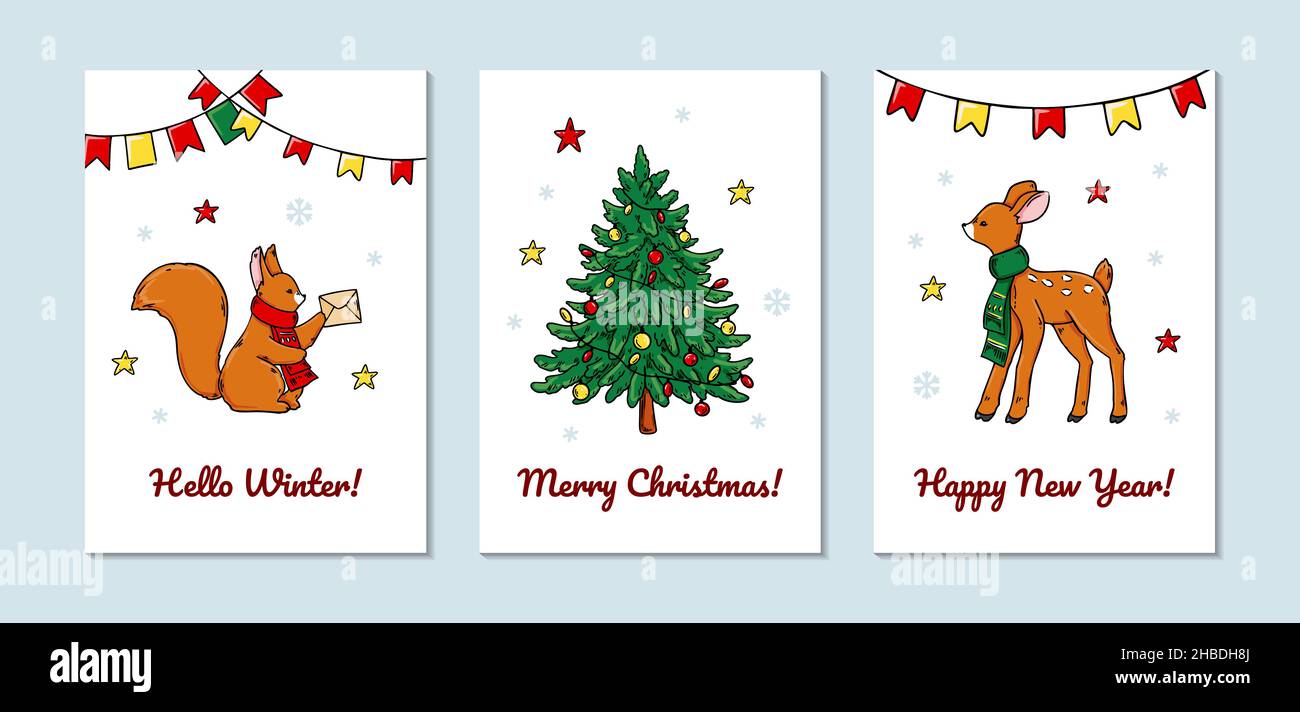 Set di biglietti d'auguri verticali per buon Natale e buon anno con scoiattolo e pegno carino. Illustrazione vettoriale disegnata a mano Illustrazione Vettoriale