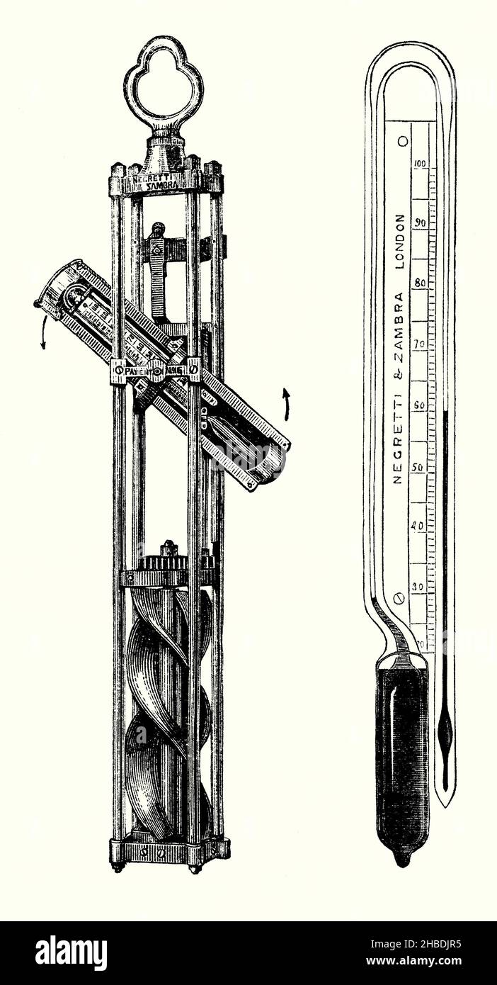 Una vecchia incisione di un termometro progettato per prendere le temperature subacquee nel 1800s. E 'da un libro vittoriano del 1890s sulle scoperte e invenzioni durante il 1800s. Questi furono introdotti per la prima volta da Negretti e Zambra (Londra) nel 1874. Possono essere montati in telai invertibili e come qui. Girando di 180 gradi, la colonna di mercurio si rompe nel punto di costrizione e si abbassa, riempiendo il bulbo e parte del capillare graduato, e indicando così la temperatura quando viene invertita. Foto Stock