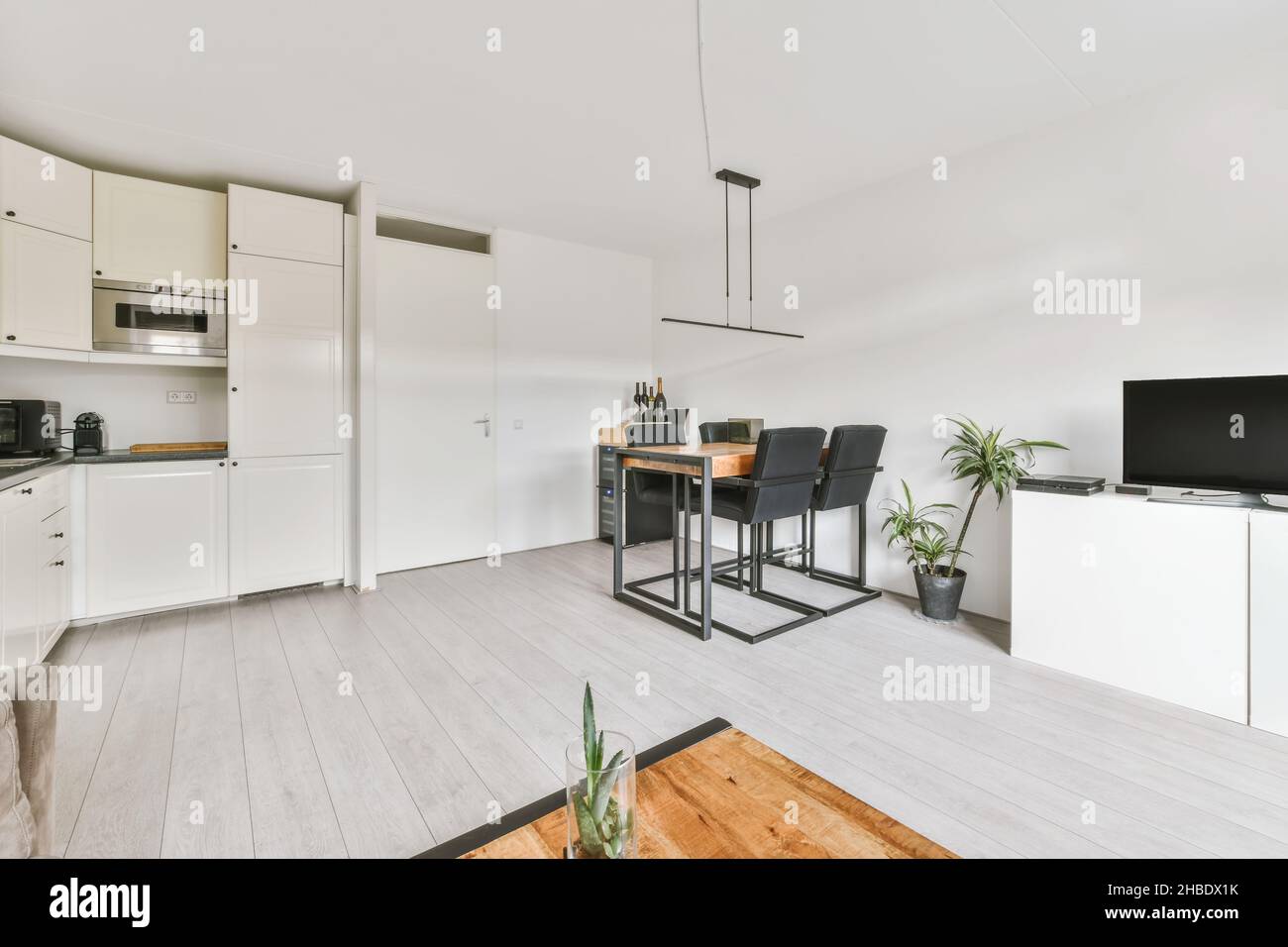 Accogliente monolocale in stile minimalista che combina soggiorno, sala da pranzo e cucina Foto Stock