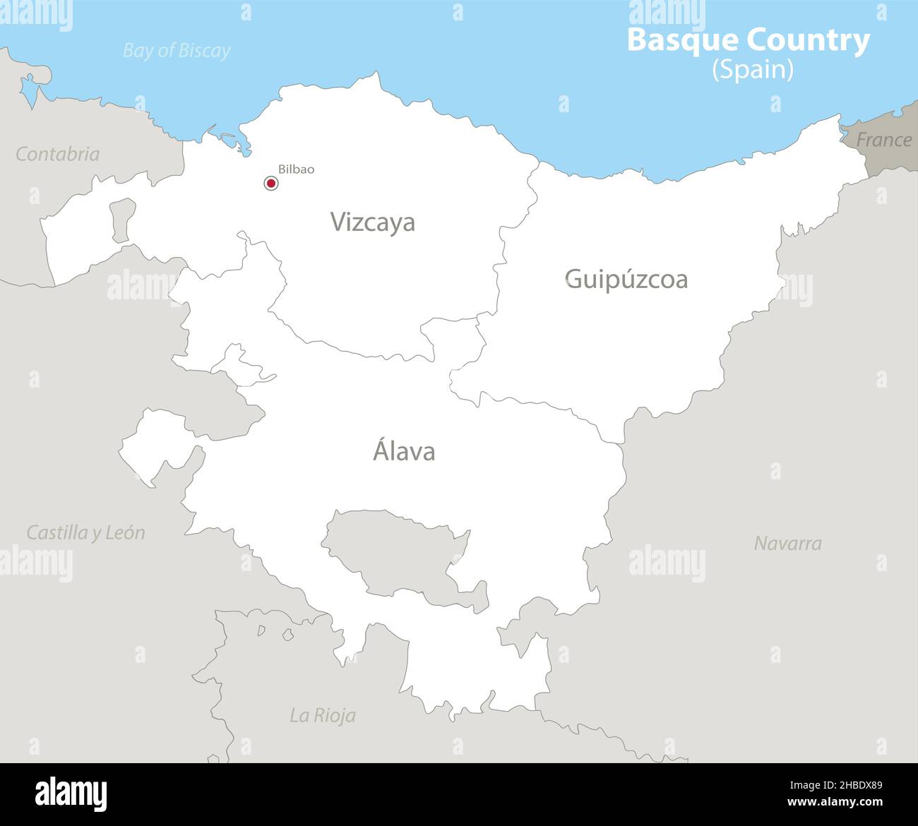 Mappa dei Paesi Baschi (Spagna), stati vicini e province con nomi vettoriali Illustrazione Vettoriale