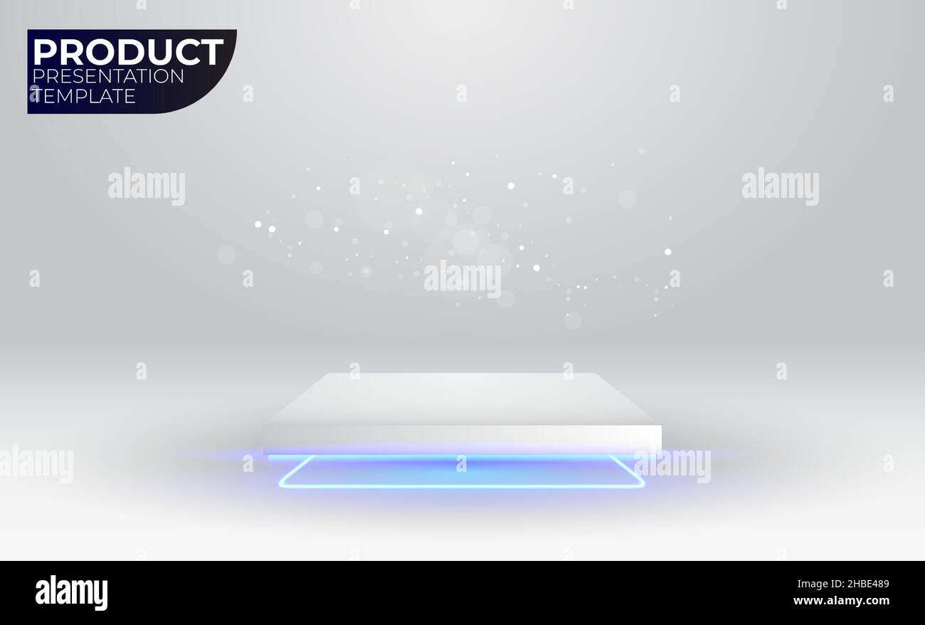 Presentazione del prodotto vettoriale mockup. Piedistallo futuristico con piattaforma bianca con tecnologia fantascienza e luci al neon. Riquadro quadrato, display del prodotto. Illustrazione Vettoriale