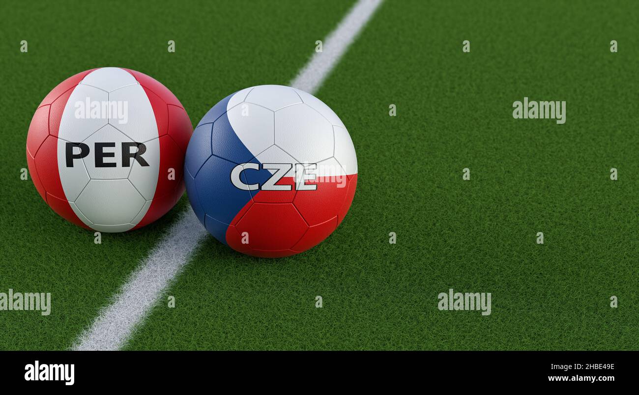 Partita di calcio Repubblica Ceca vs Perù - sfere di pelle in Repubblica Ceca e Perù colori nazionali. 3D rendering Foto Stock