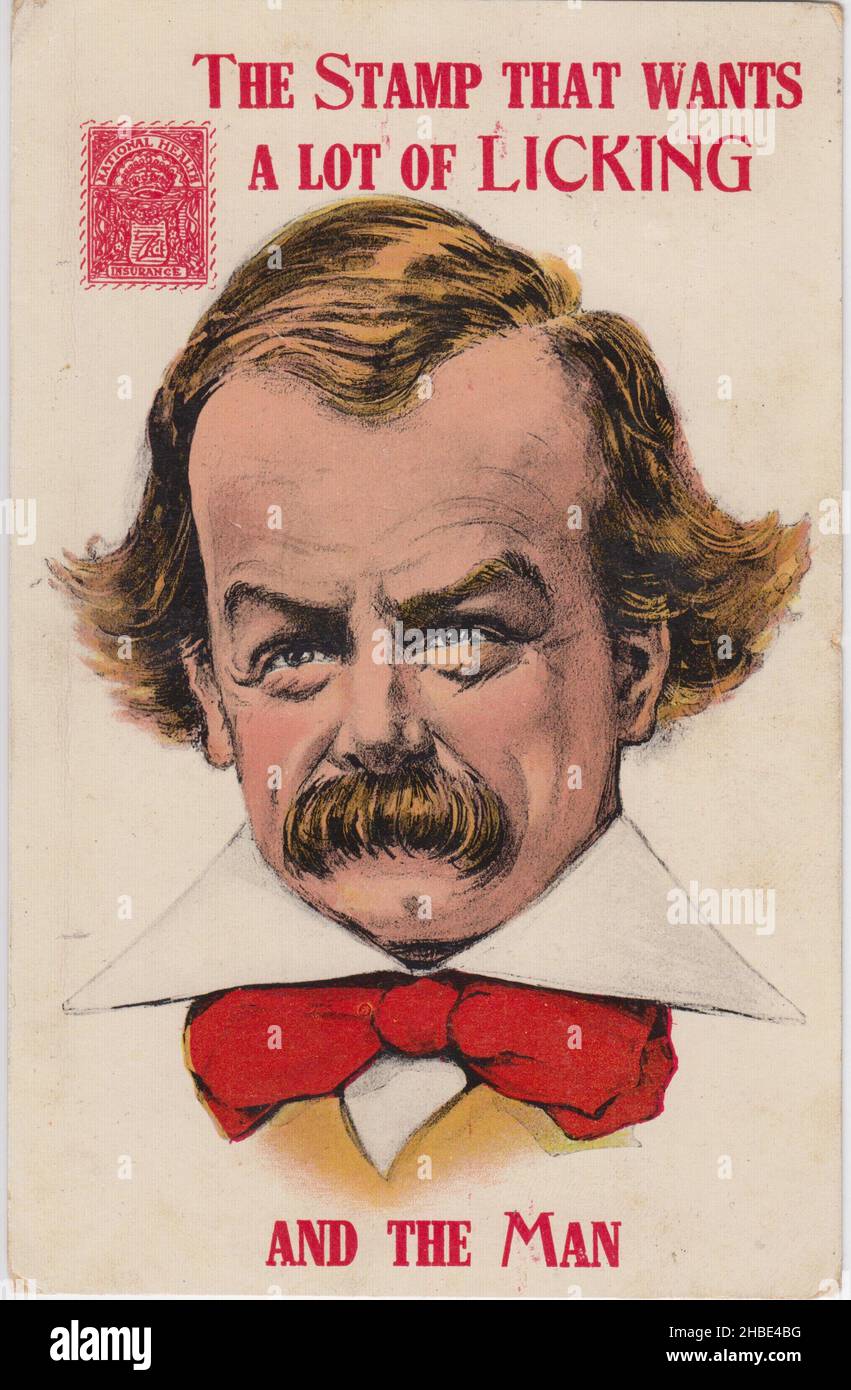 'Il timbro che vuole molto leccare... e l'uomo?: Cartolina che si riferisce all'introduzione dei francobolli dell'assicurazione sanitaria nazionale come parte delle riforme del benessere del Partito liberale. Include un cartone animato di David Lloyd George, Cancelliere dello scacchiere, e un'immagine del timbro dell'assicurazione sanitaria nazionale nell'angolo in alto a sinistra Foto Stock 'Il timbro che vuole molto leccare... e l'uomo?: Cartolina che si riferisce all'introduzione dei francobolli dell'assicurazione sanitaria nazionale come parte delle riforme del benessere del Partito liberale. Include un cartone animato di David Lloyd George, Cancelliere dello scacchiere, e un'immagine del timbro dell'assicurazione sanitaria nazionale nell'angolo in alto a sinistra Foto Stock