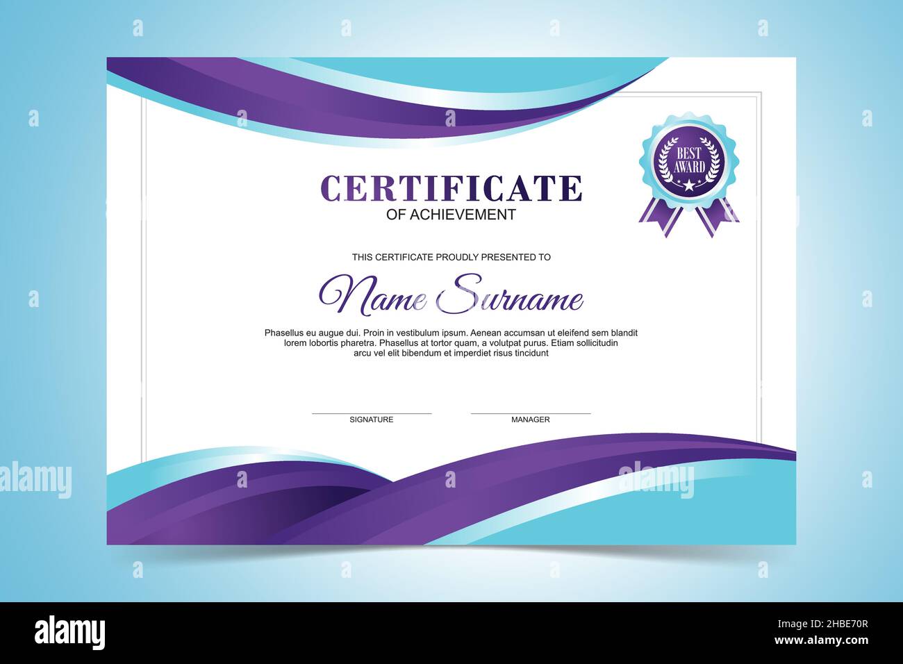 Modello certificato moderno, design piatto con design viola e turchese Illustrazione Vettoriale