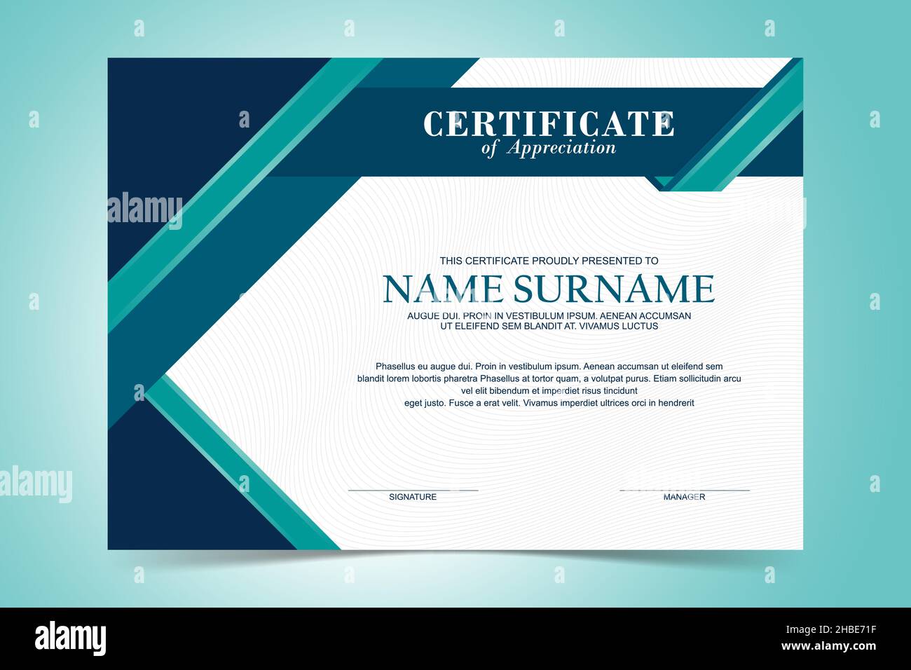 Modern Certificate Template, design piatto con design verde e blu turchese Illustrazione Vettoriale