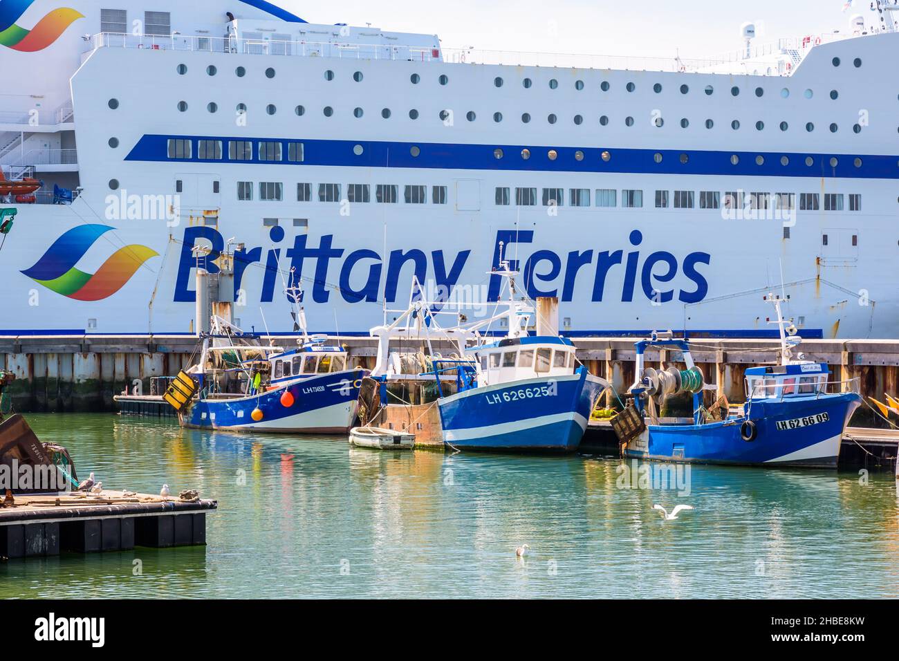 I pescherecci da traino ormeggiati nel porto di pesca di le Havre, Francia, accanto a un traghetto della compagnia Brittany Ferries. Foto Stock