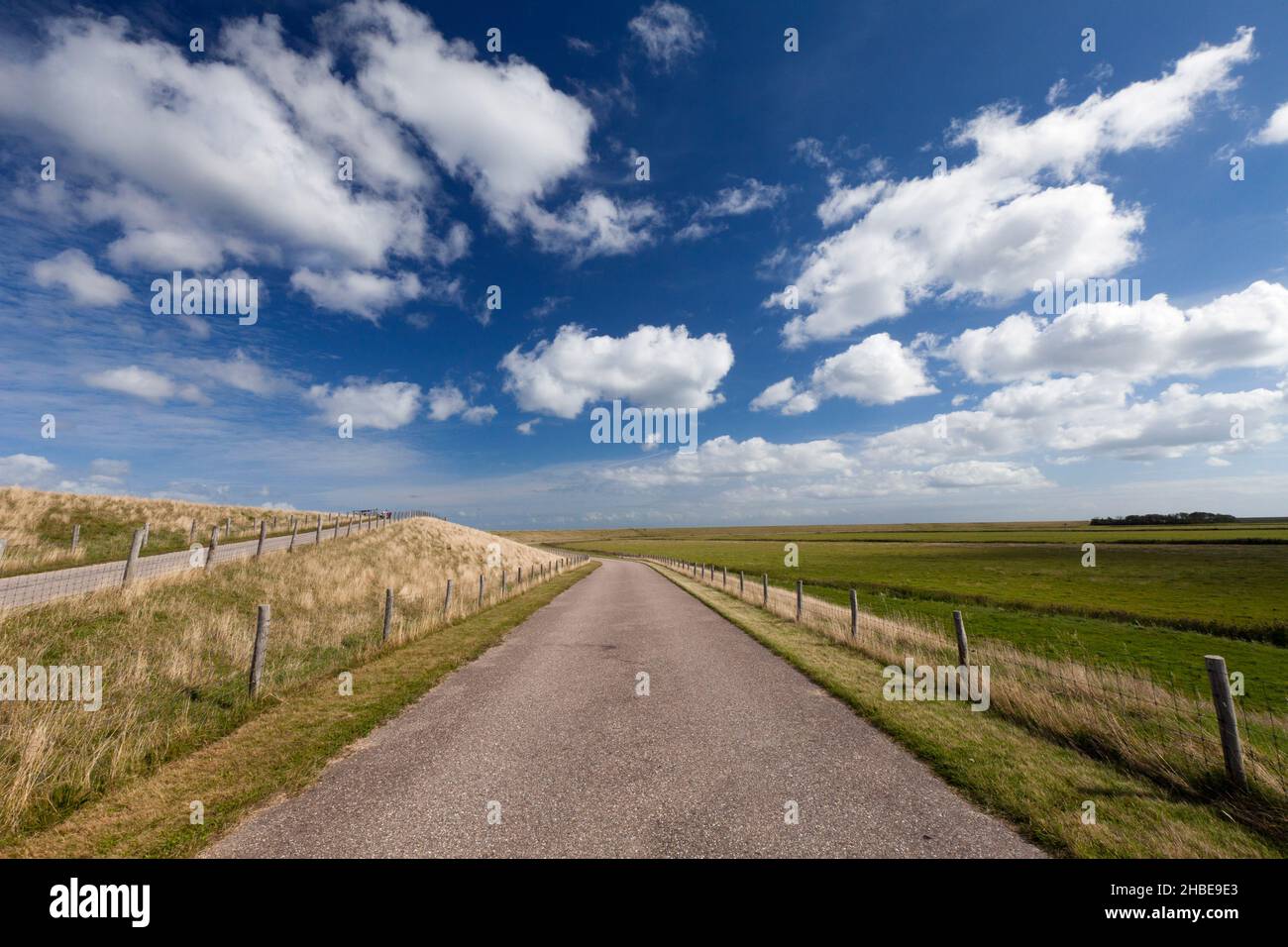 Strada di accesso e pista ciclabile lungo la diga di mare, Isola di Texel, Olanda, Europa Foto Stock