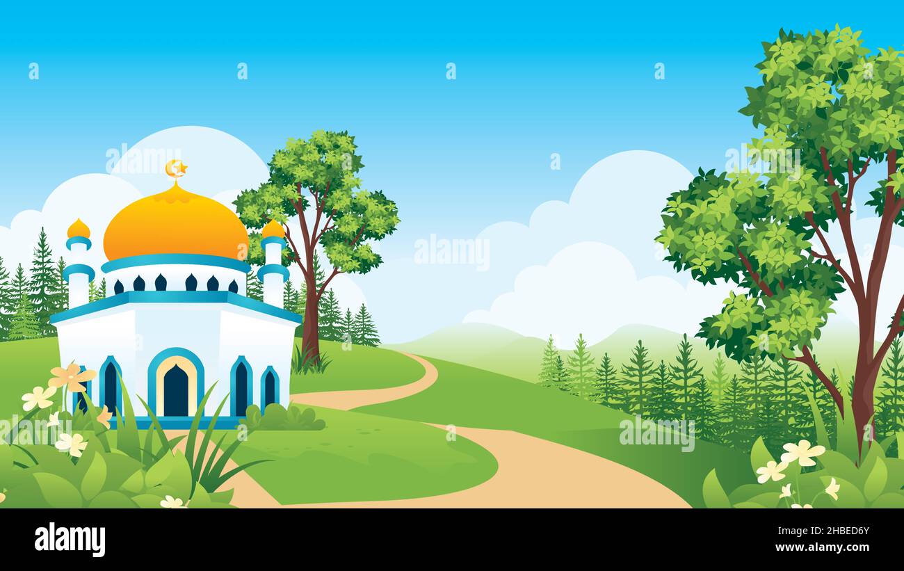 Moschea con paesaggio naturale, paesaggio islamico in stile piatto illustrazione Illustrazione Vettoriale