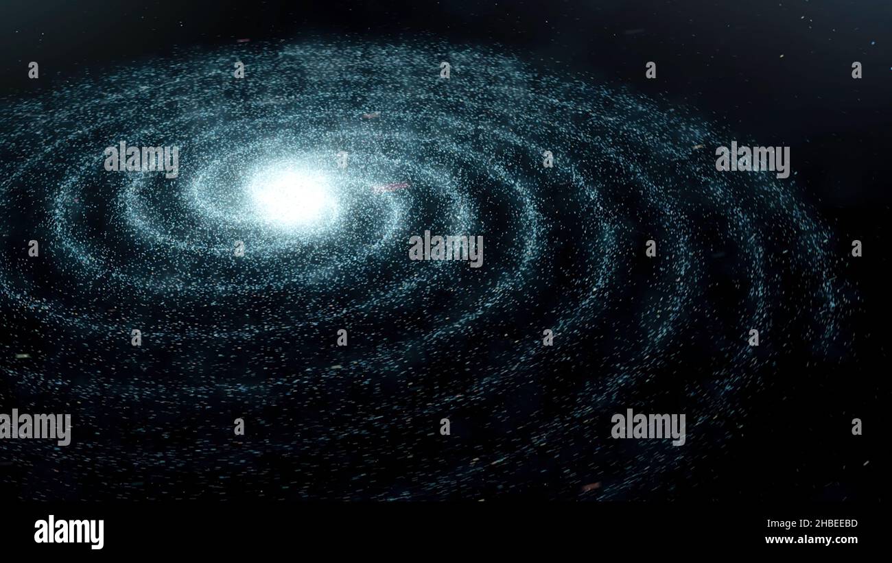 Volare attraverso l'Universo pieno di stelle su sfondo nero, loop senza cuciture. Paesaggio cosmico a forma di spirale mozzafiato. Foto Stock