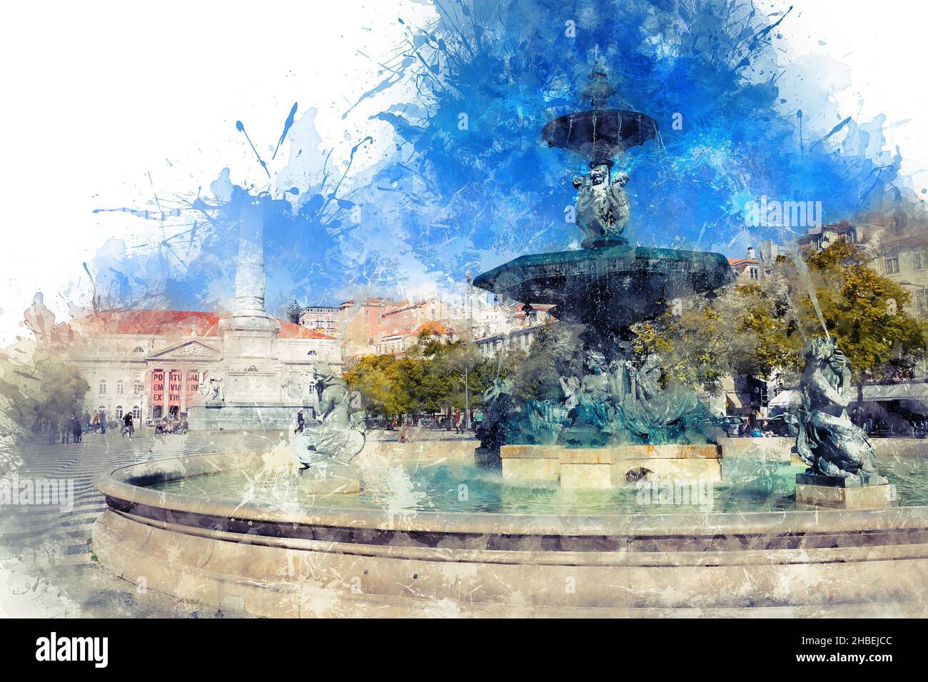 Disegno acquerello, Fontana sulla piazza principale di Lisbona, Portogallo Foto Stock