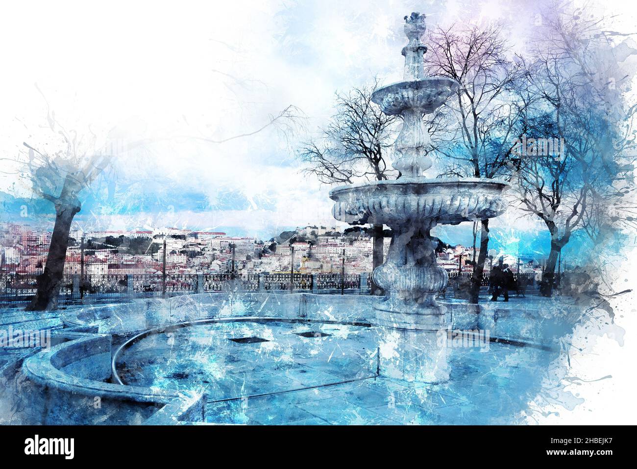 Disegno acquerello, Fontana sulla piazza principale di Lisbona, Portogallo Foto Stock