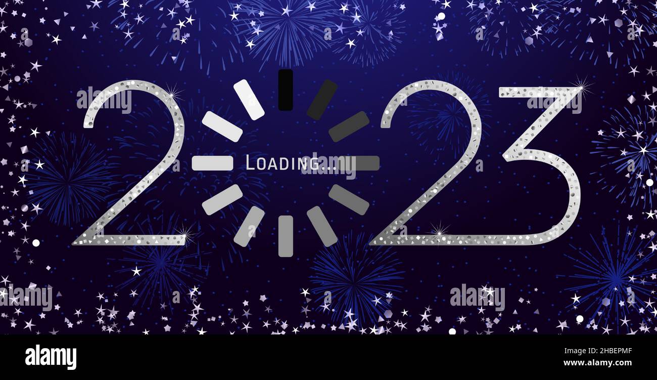 2023 un concetto felice anno nuovo. Firma dei congratulazioni. Icona di rotazione del caricamento decorativo. Orologio digitale. Cifre lucide. Modello grafico astratto isolato Illustrazione Vettoriale