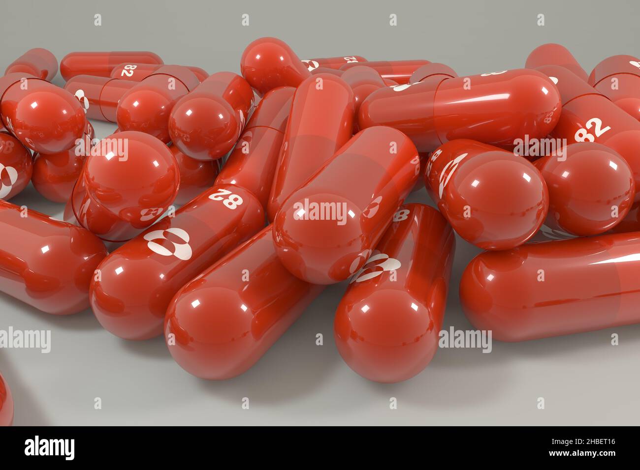 Molnupiravir capsule. Farmaco covid-19 a base di nucleosidi sintetici. 3D rendering. Foto Stock