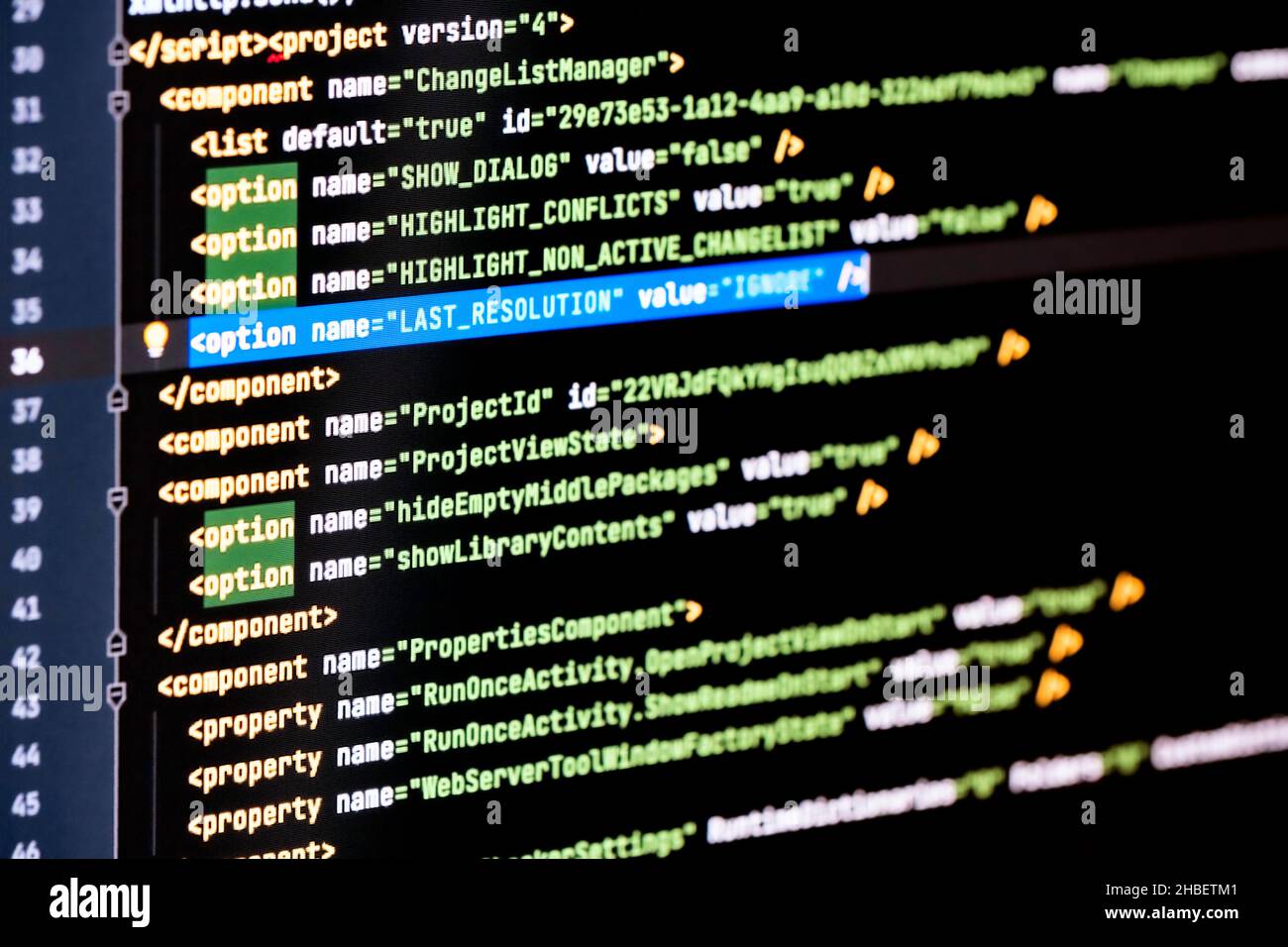 Sviluppatore di software java programmazione codice web html. Codice script astratto del computer. Schermata del codice di programmazione dello sviluppatore software. Programmazione software Foto Stock