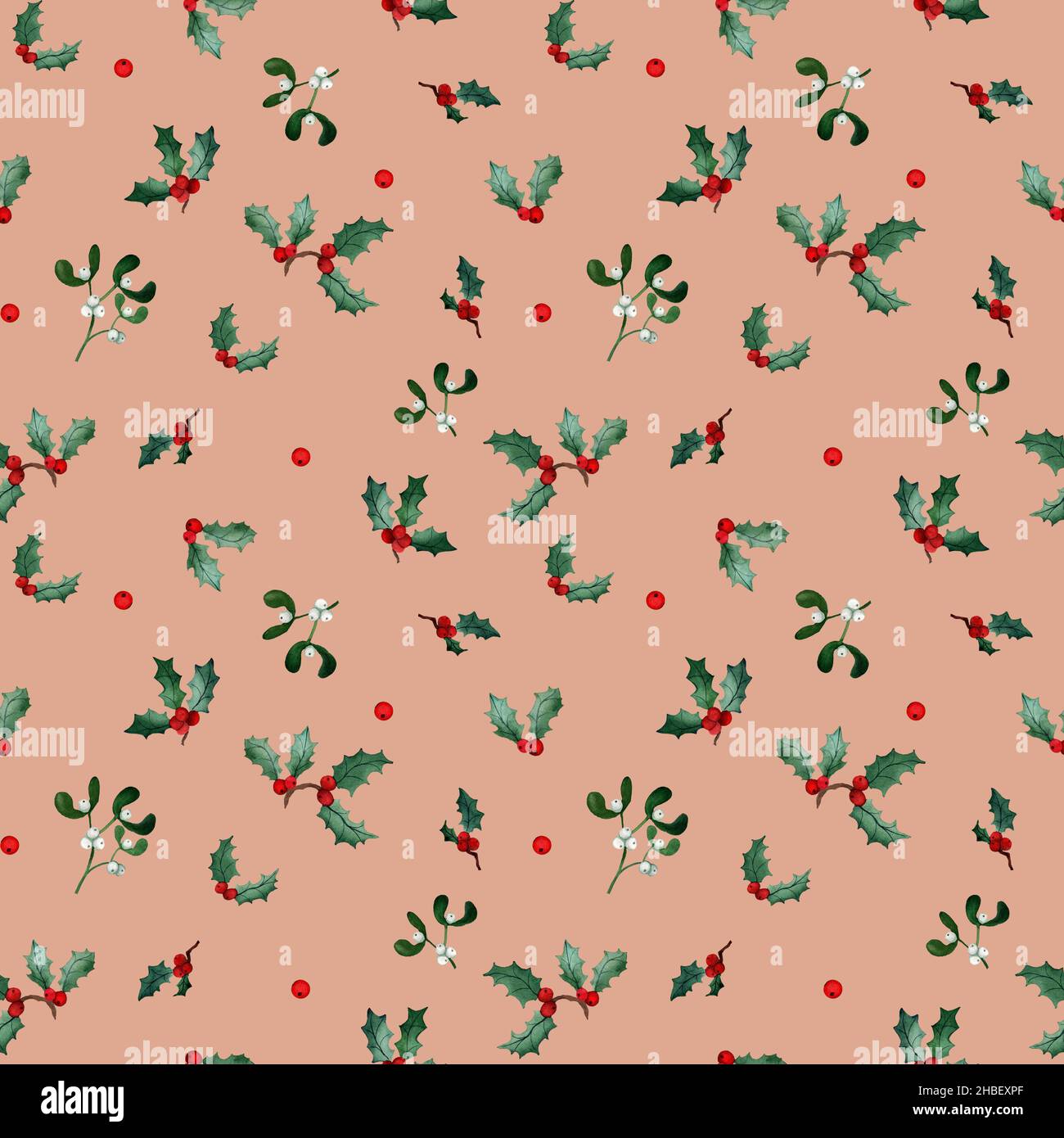 Acquerello invernale modello senza cuciture in stile vintage. Stagione invernale, sfondo natalizio, pianta di agrifoglio, vischio Design per imballaggio, copertine, confezionamento Foto Stock