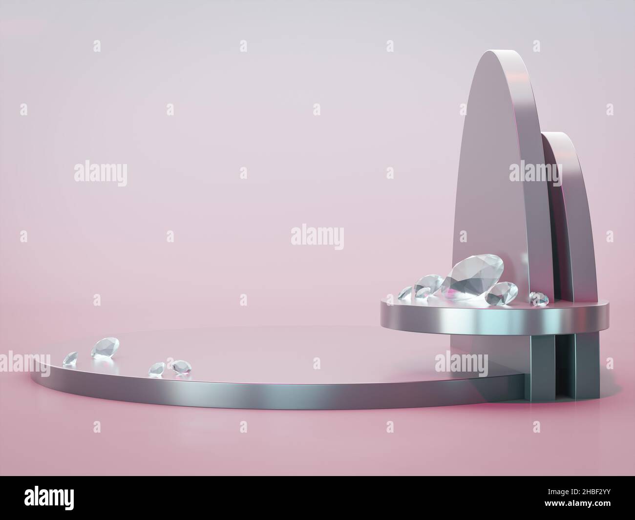 Un'illustrazione del 3D di un podio mockup con diamanti in mostra Foto Stock