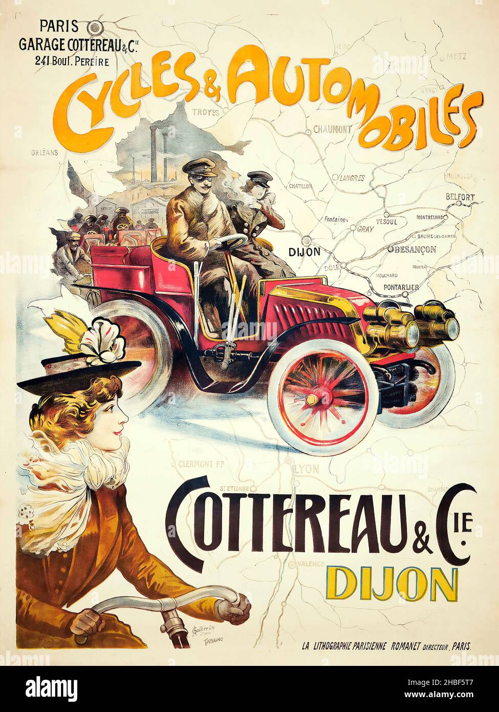 Poster auto d'epoca / poster motore - Cycles & Automobiles Cottereau & Cie Dijon di Francisco Tamagno c 1902. Foto Stock