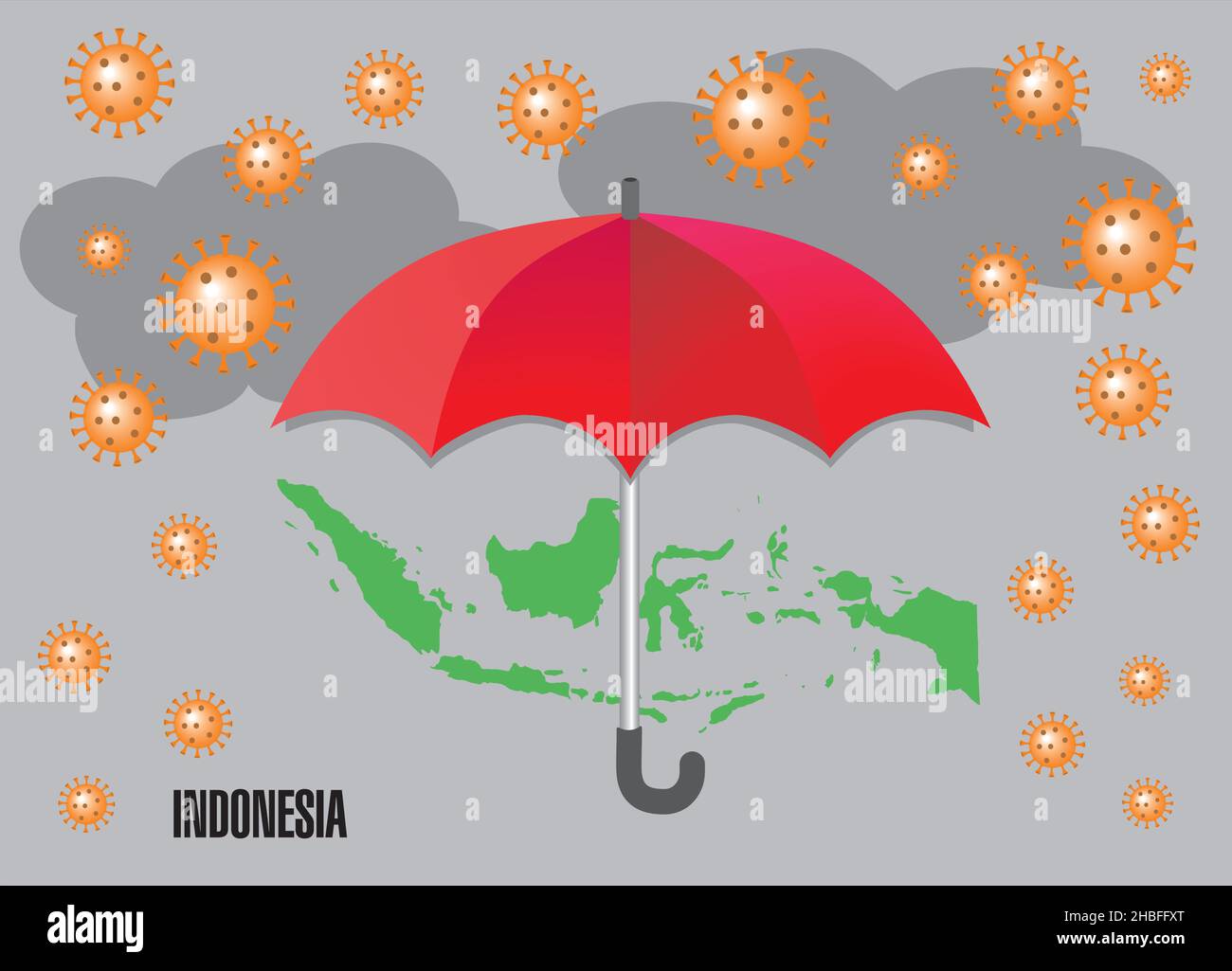 Coronavirus piovana sull'Indonesia. Ombrello cerca di proteggere da crisi e dolori. Illustrazione vettoriale. Illustrazione Vettoriale