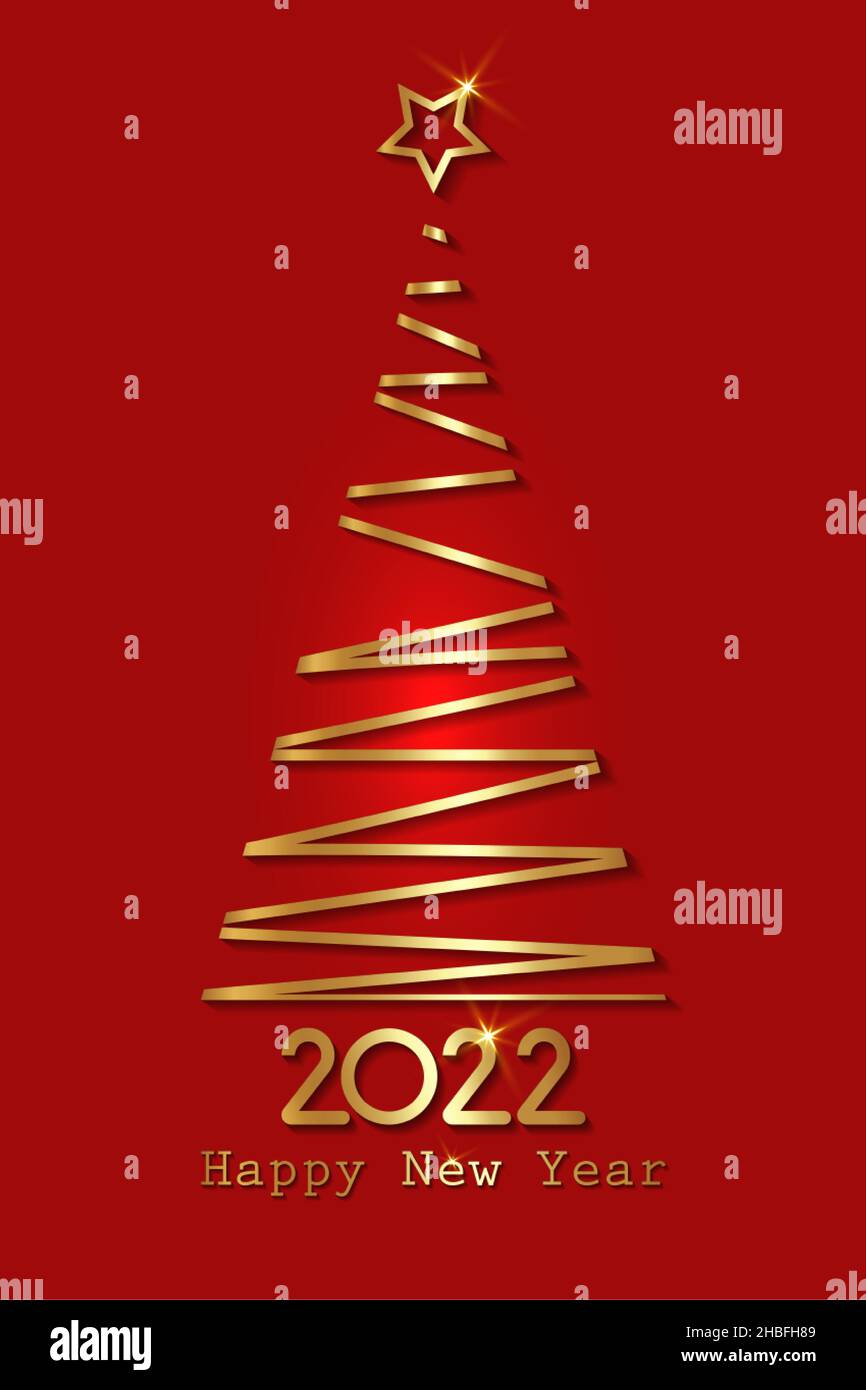 Albero di Natale stilizzato in oro, Capodanno 2022, icona del logo di lusso dorato festivo, vettore isolato su sfondo rosso Illustrazione Vettoriale