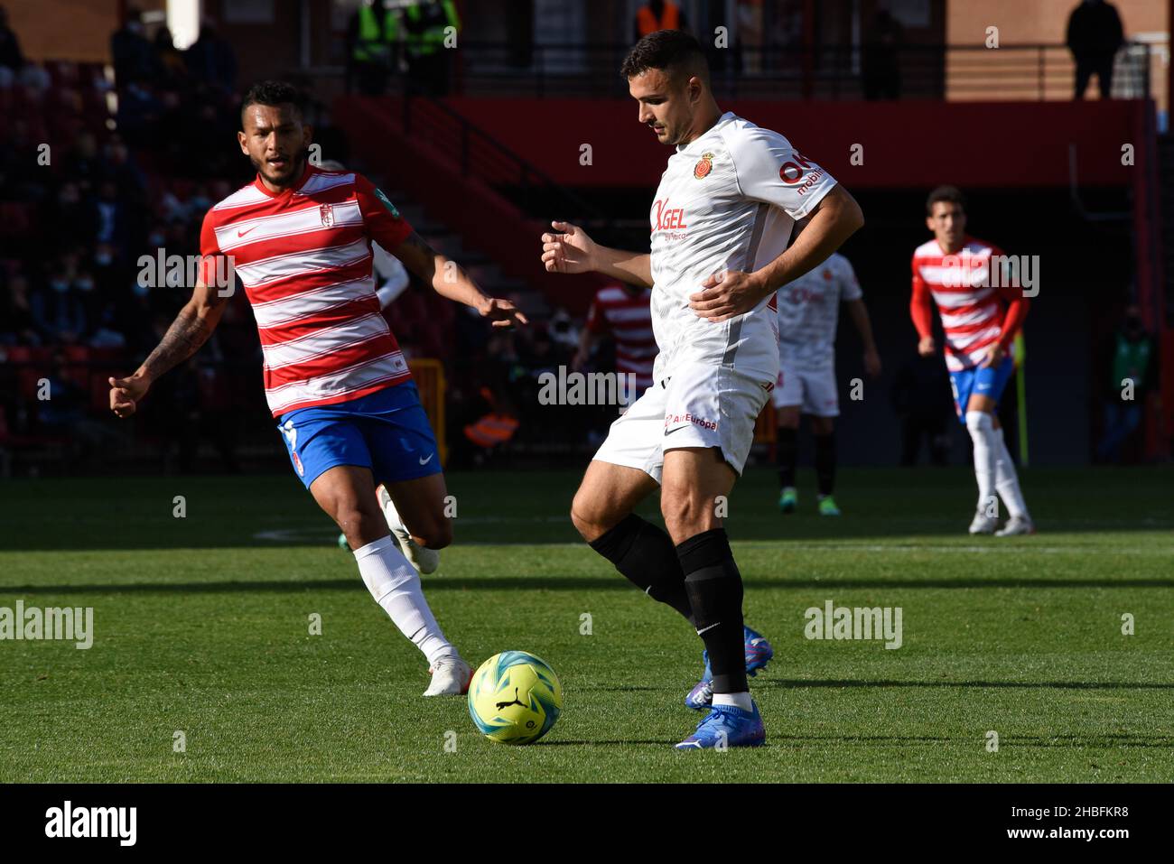 Granada, Granada, Spagna. 19th Dic 2021. Aleksandar Sedlar di Real Mallorca guida la palla contro Luis Suarez di Granada CF durante la partita Liga tra Granada CF e Real Mallorca allo stadio Nuevo Los Carmenes il 19 dicembre 2021 a Granada, Spagna. (Credit Image: © Jose M. Baldomero/Pacific Press via ZUMA Press Wire) Foto Stock