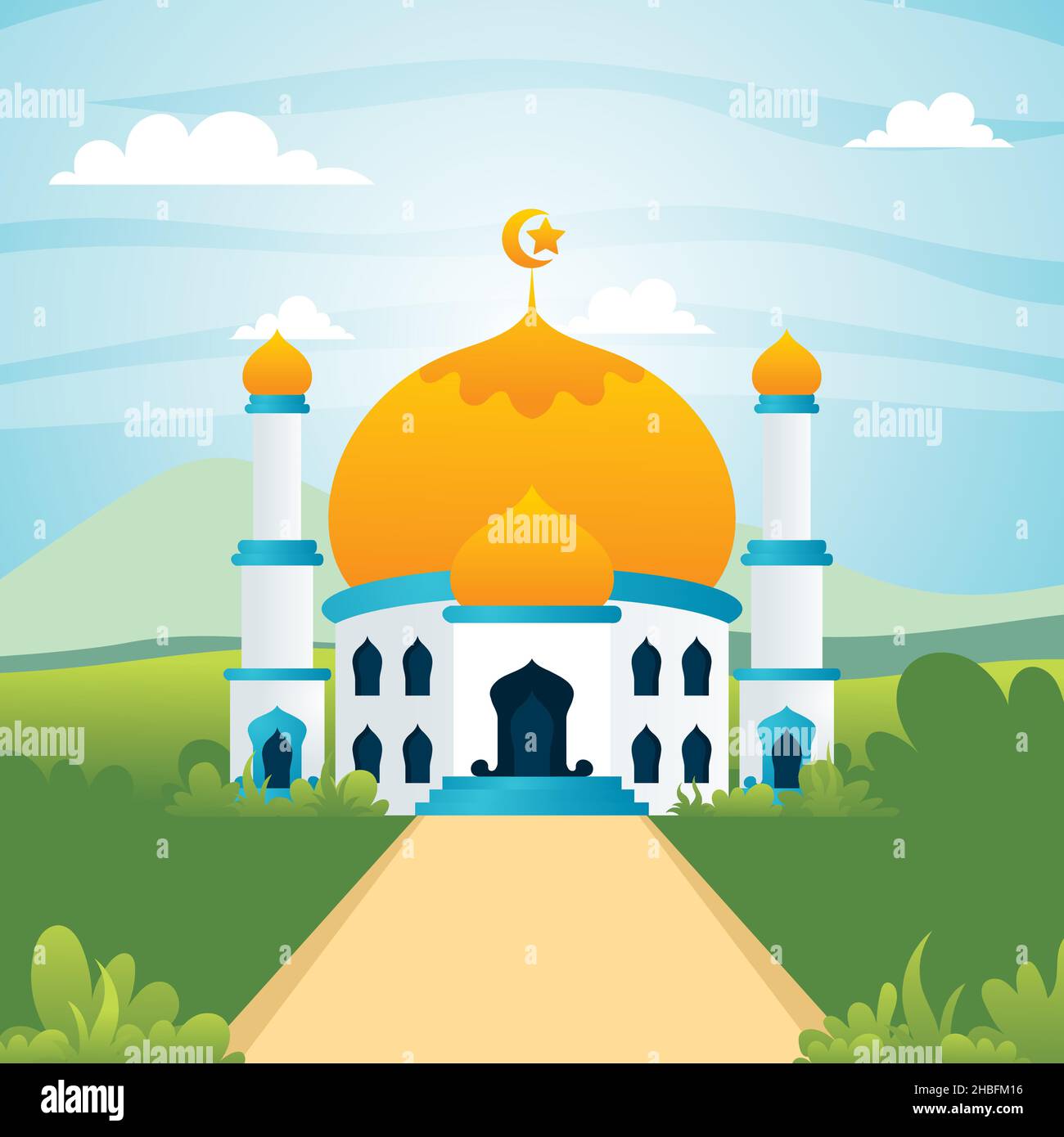 Moschea Ramadan Kareem con paesaggio paesaggio, illustrazione di cartoni animati piatto islamico Illustrazione Vettoriale