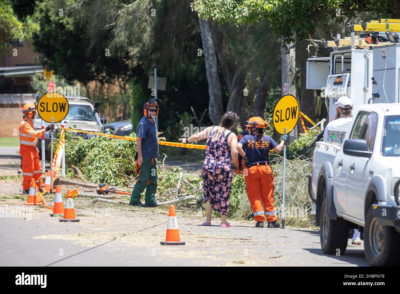 Sydney, Australia. Dicembre 20 2021: Giorno dopo che il mini ciclone ha devastato enormi aree della comunità delle spiagge settentrionali di Sydney tra Mona vale e Forestville, uccidendo una signora di 68 anni, i volontari del servizio di emergenza statale (SES) assistono con la pulizia intorno al lago Narrabeen, ripulendo gli alberi e contribuendo a ripristinare l'accesso per i residenti. Credit: martin berry/Alamy Live News Foto Stock