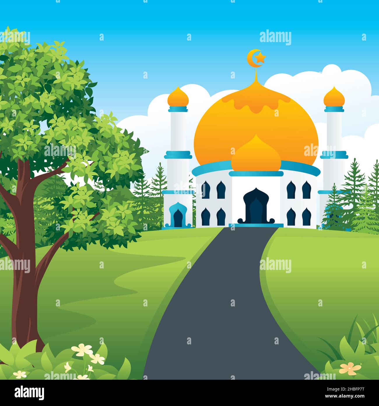 Moschea con paesaggio naturale, paesaggio islamico in stile piatto illustrazione Illustrazione Vettoriale