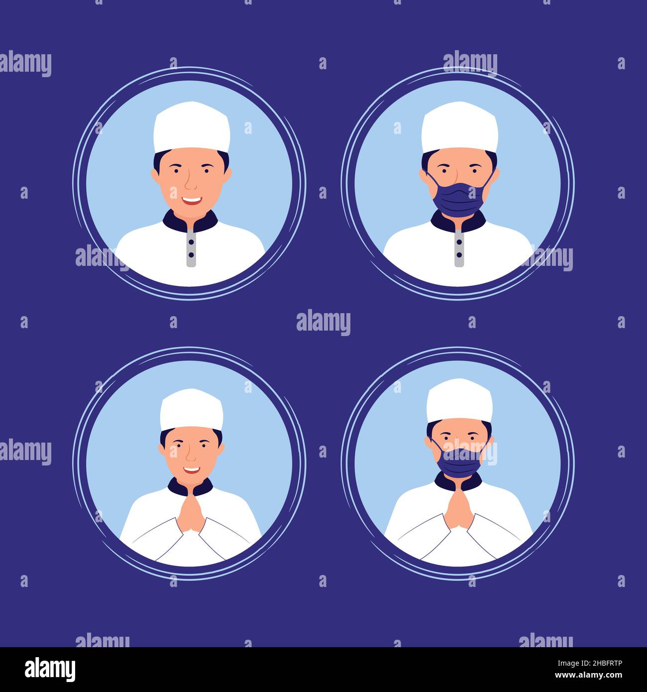Uomo musulmano che indossa il masker per evitare il virus covid-19. Vita islamica e illustrazione vettoriale sana. Illustrazione Vettoriale