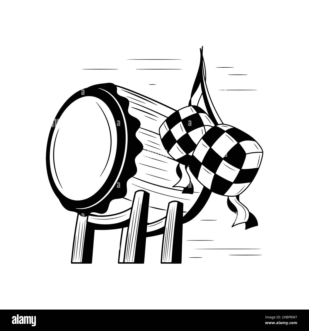 Ketupat con bedug, Islamic Eid Mubarak vettore icona Illustrazione con disegno a mano stile Illustrazione Vettoriale