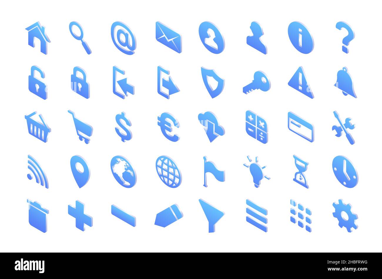 Icone isometriche clessidra, lampadina, casa, chiave, schermo e lucchetto, lente di ingrandimento, più, meno, busta e wifi, ruota dentata, globo terrestre, mappa puntina e punto esclamativo isolato 3d segni vettoriali Illustrazione Vettoriale