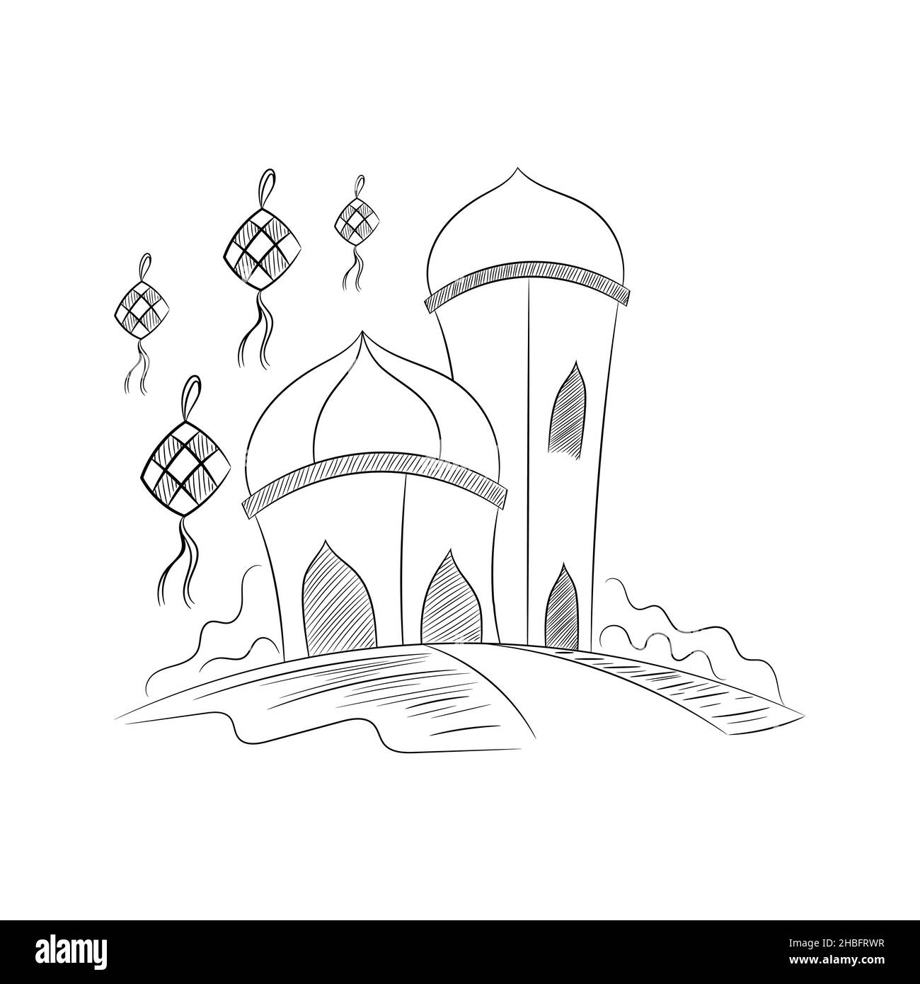 Ketupat con moschea, figura dell'icona del vettore Islamico Eid Mubarak con stile disegnato a mano Illustrazione Vettoriale