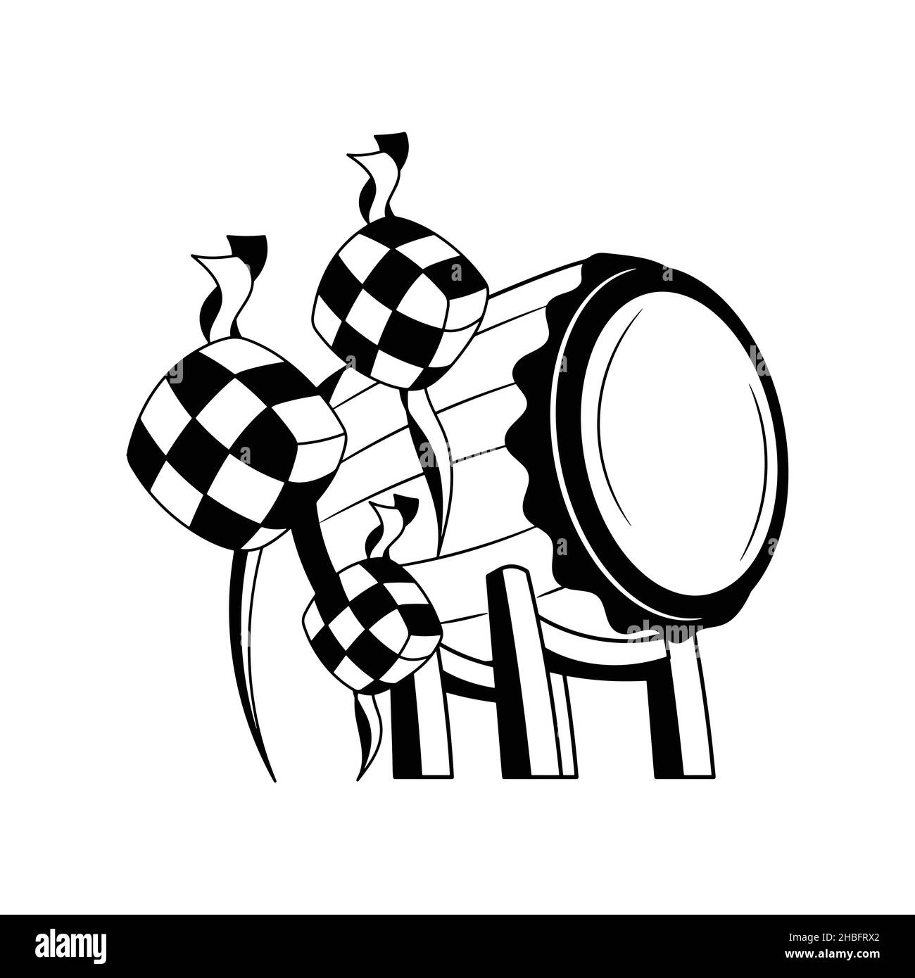 Ketupat con bedug, Islamic Eid Mubarak vettore icona Illustrazione con disegno a mano stile Illustrazione Vettoriale