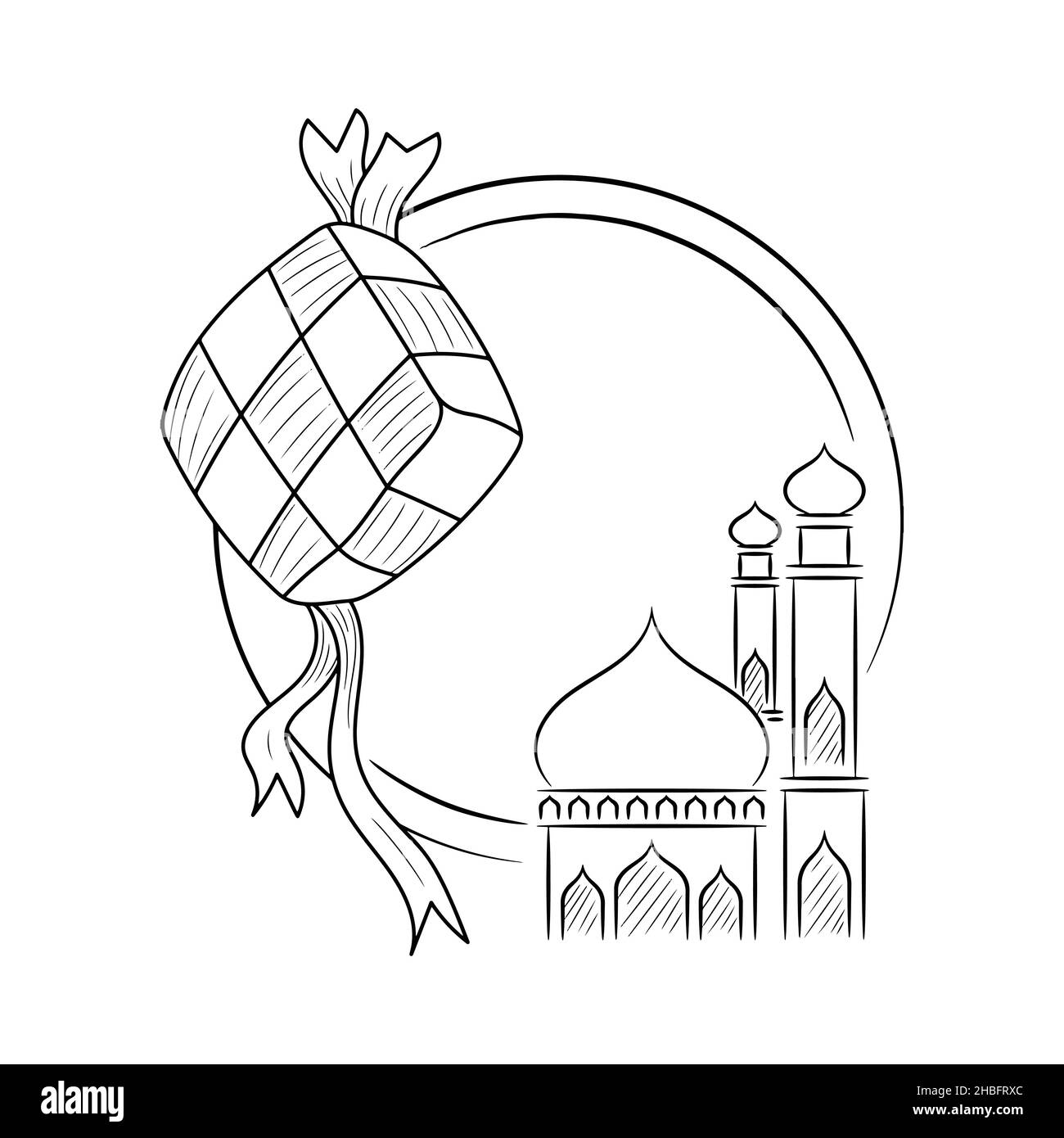Ketupat con moschea, figura dell'icona del vettore Islamico Eid Mubarak con stile disegnato a mano Illustrazione Vettoriale