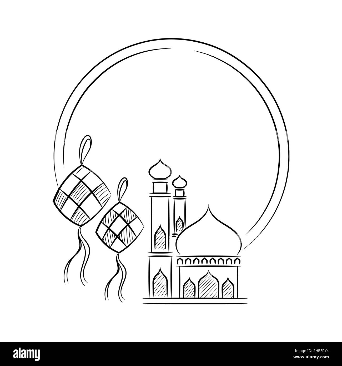 Ketupat con moschea, figura dell'icona del vettore Islamico Eid Mubarak con stile disegnato a mano Illustrazione Vettoriale
